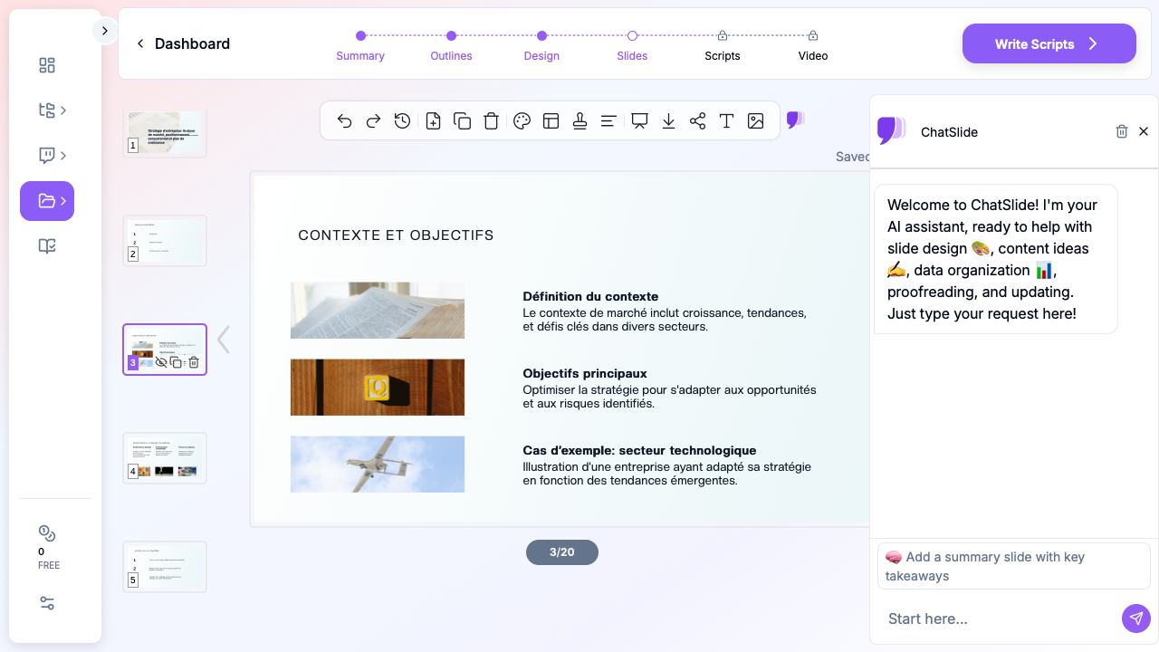 ChatSlide montrant une présentation de stratégie d'entreprise avec analyse de marché