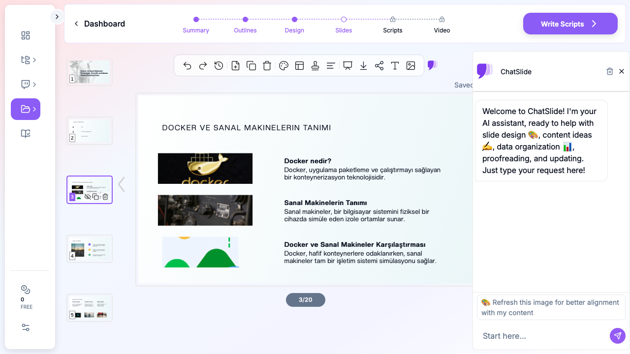 ChatSlide Docker ve sanal makineler hakkında teknoloji araştırma sunumu gösteriyor