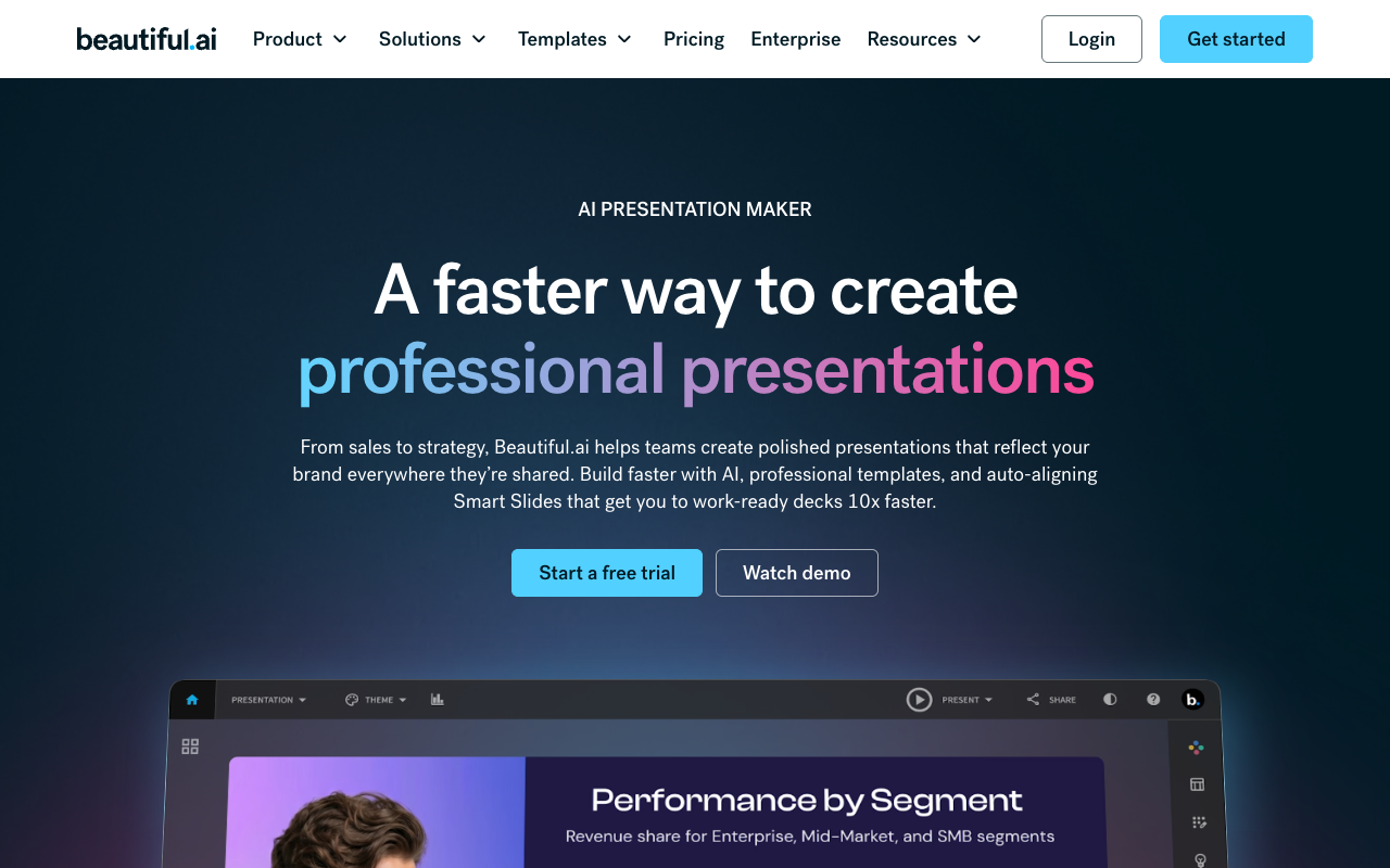 Beautiful.ai's homepage in mid-2026 — 'A faster way to create professional presentations'