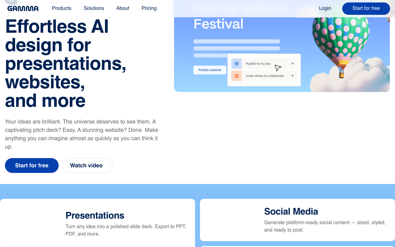 Gamma's homepage in mid-2026 — 'Effortless AI design for presentations, websites, and more'