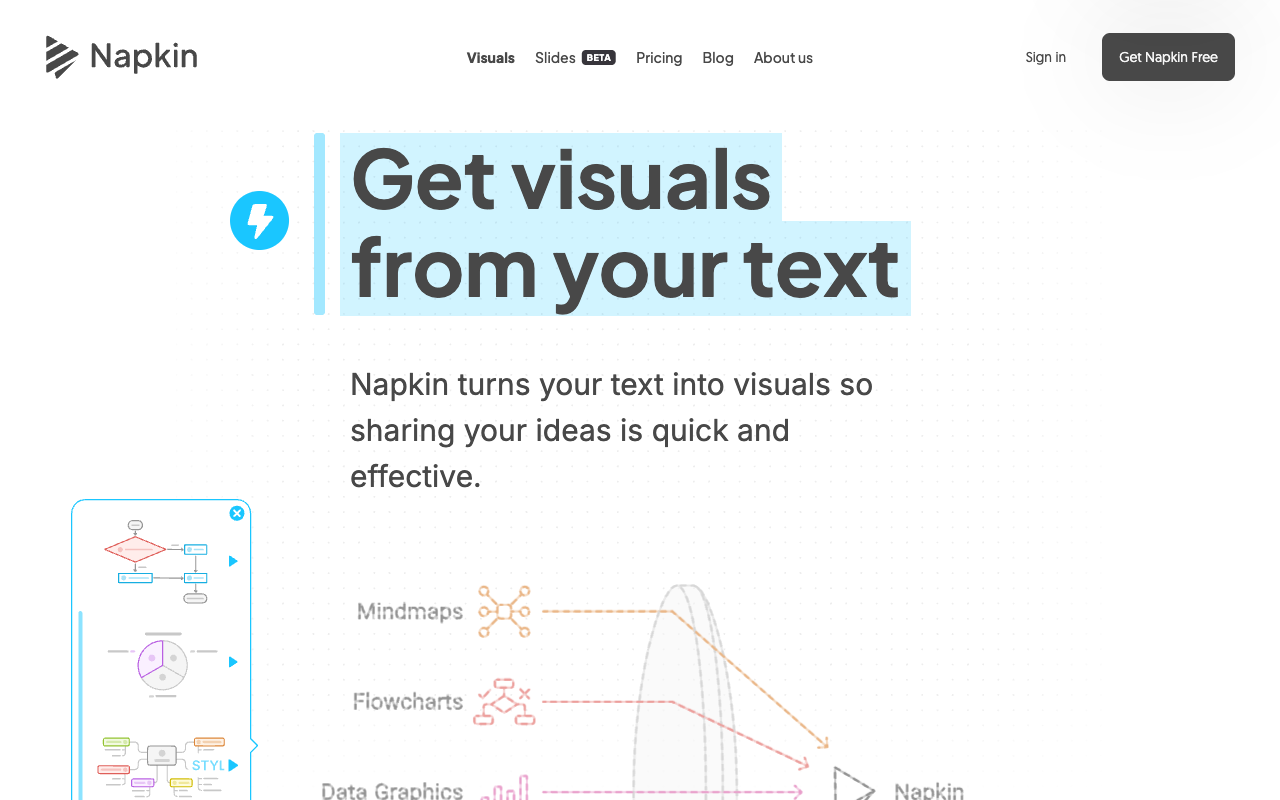 Napkin AI's homepage in mid-2026 — 'Get visuals from your text', with mindmaps, flowcharts and data graphics