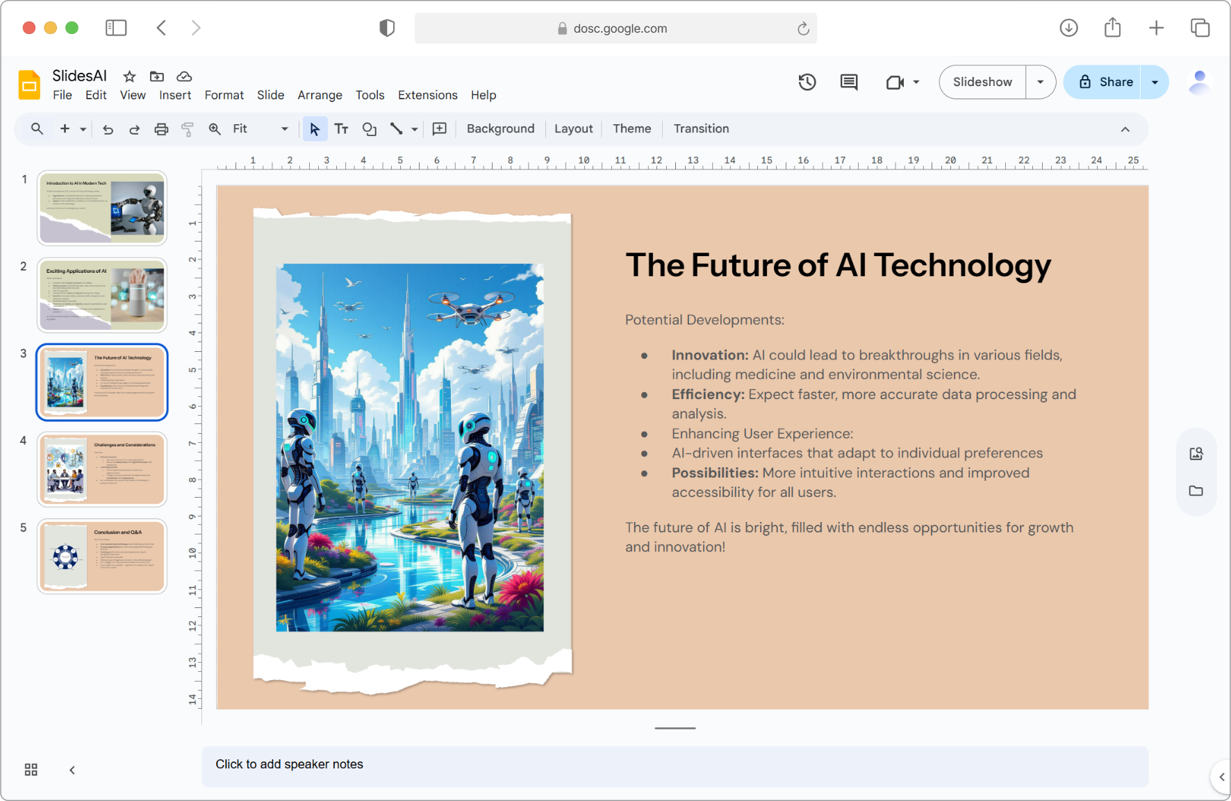 A SlidesAI-generated deck open in Google Slides, with the add-on in the Extensions menu